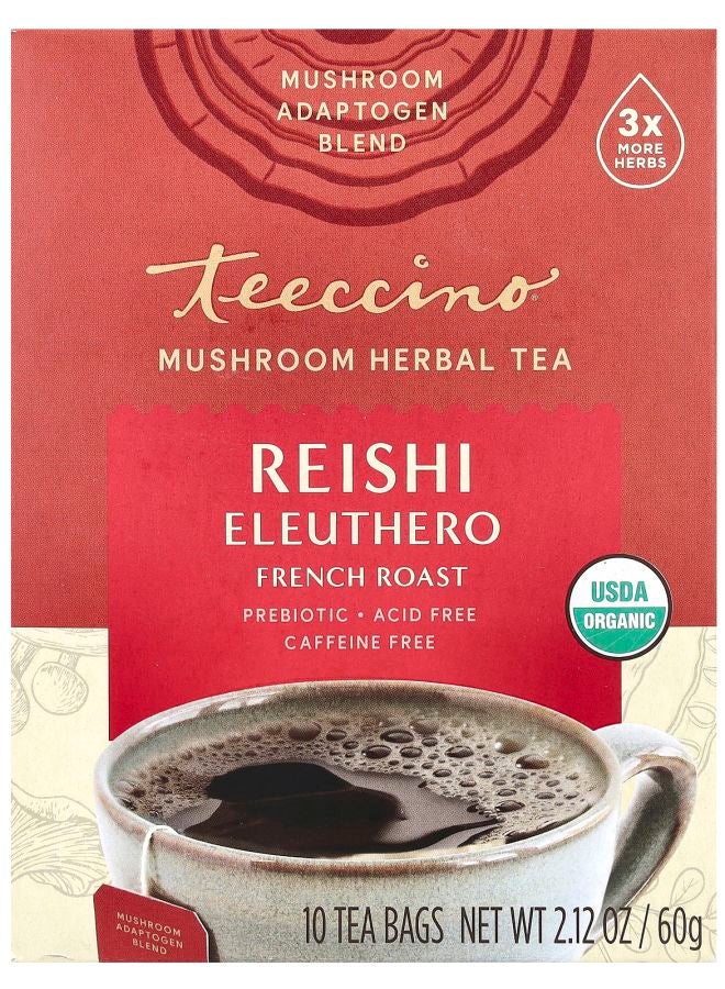 teeccino Mushroom Herbal Tea Reishi Eleuthero French Roast Caffeine Free 10 Tea Bags 2.12 oz (60 g)