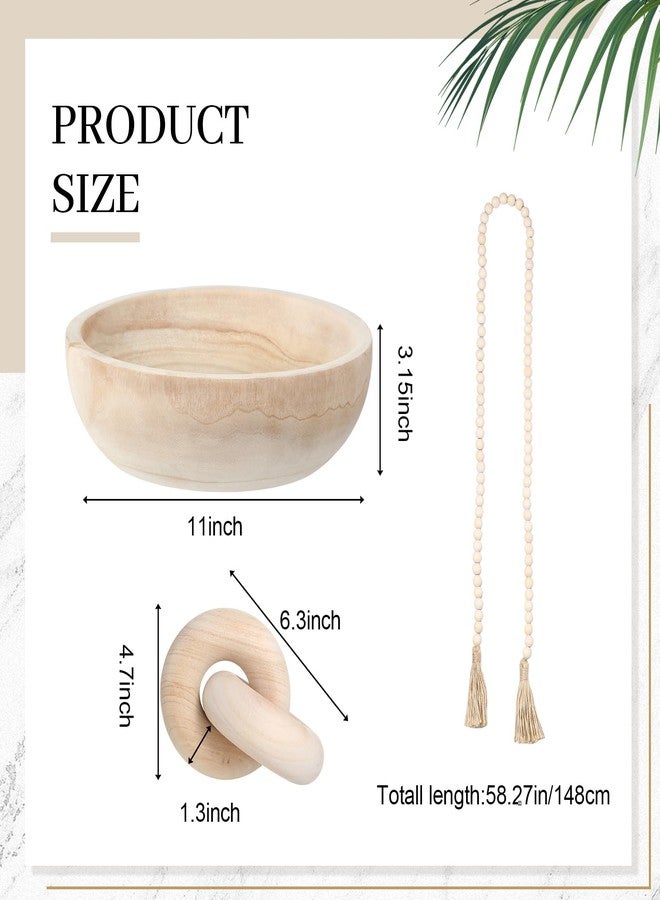 Novabright Farmhouse Wooden Decoration Set, Wooden Handmade Bowl, Chain, Beads, Suitable for Home, Bohemian, Coffee Table, Bedroom, Bathroom (White) - Image 2