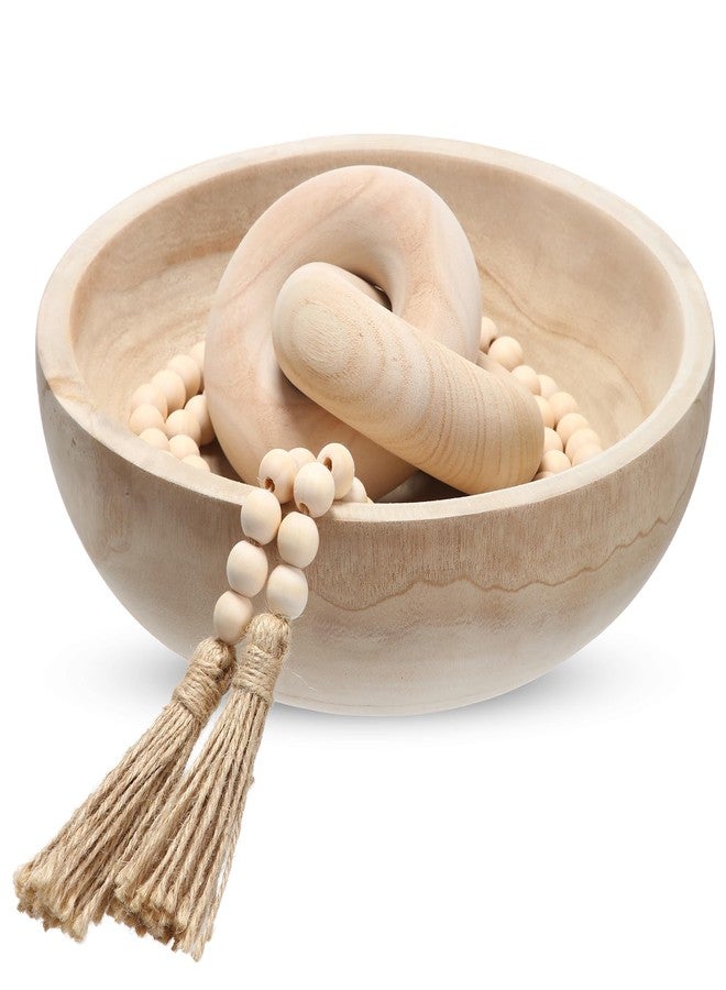Novabright Farmhouse Wooden Decoration Set, Wooden Handmade Bowl, Chain, Beads, Suitable for Home, Bohemian, Coffee Table, Bedroom, Bathroom (White) - Image 1