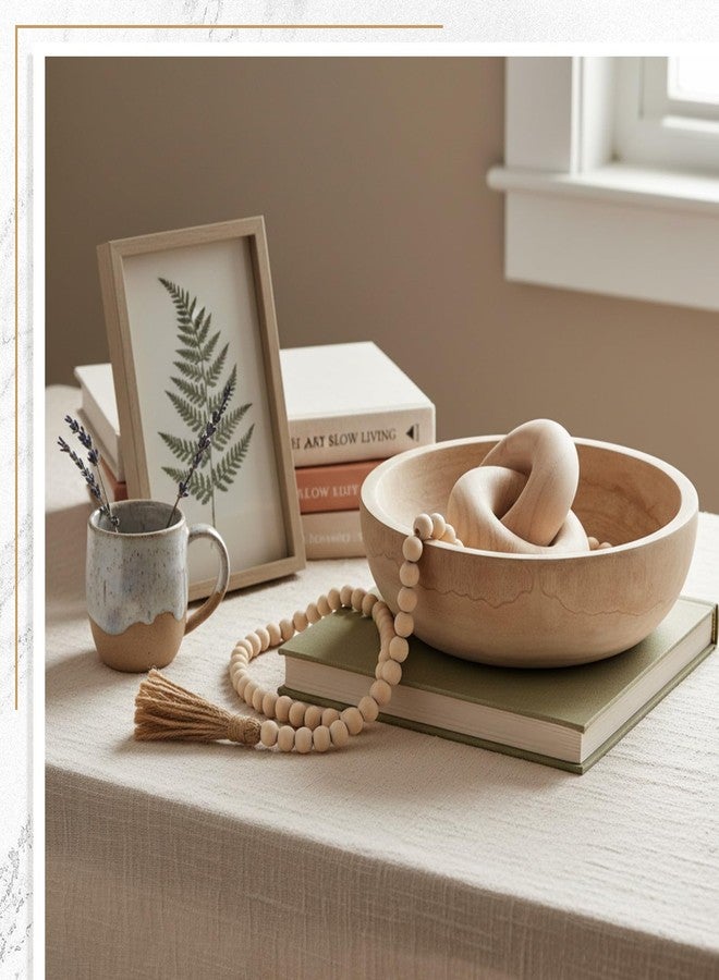 Novabright Farmhouse Wooden Decoration Set, Wooden Handmade Bowl, Chain, Beads, Suitable for Home, Bohemian, Coffee Table, Bedroom, Bathroom (White) - Image 3
