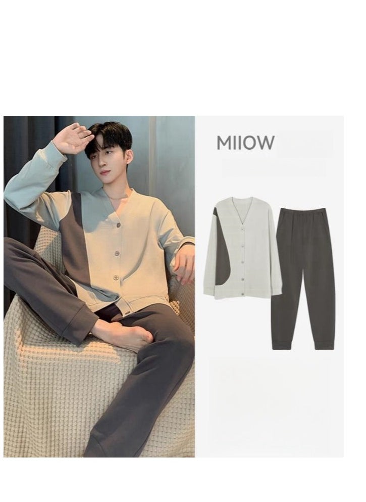 MIIOW - Men's Pure Cotton V-Neck Long Sleeved Plus Size Home Suit Set - Image 1