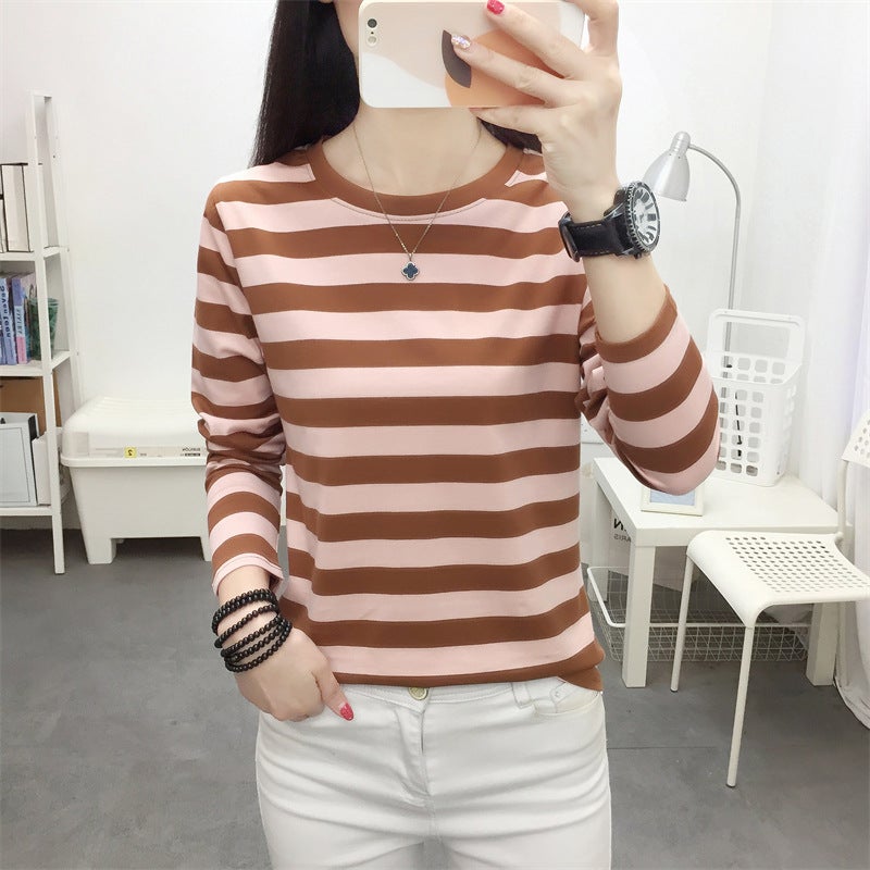 Chubby Girl Plus Size Loose Slimming Cotton Long-Sleeved T-Shirt Women'S Spring Striped 100.00Kg Base Shirt Mother Clothes - Image 2
