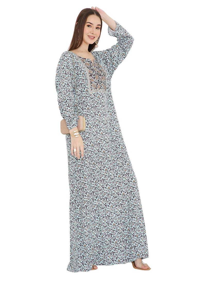 HANA & SARA LONG VISCOSE UNIQUE THREAD EMBROIDERY WITH STYLISH PRINTED ARABIC KAFTAN JALABIYA DRESS  - Image 1