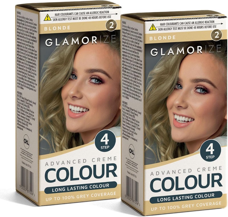 Glamorize 2pk 4 Step Advanced Creme Colour Blonde No 2 Long Lasting with Up to 100 Grey Coverage No Bleach Permanent Hair Dye Bright Luminous Shade for Women