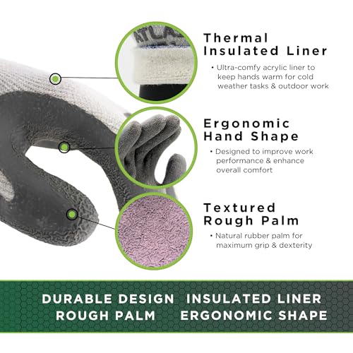 SHOWA Atlas 451 Natural Rubber Latex Palm Coated Insulated General Purpose Winter Work Glove with Poly Blend Liner, Small (12 Pair) - Image 2
