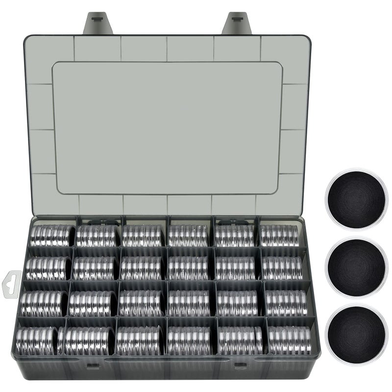 FULLCASE 168 Pieces 46mm Coin Capsules with Foam Gasket and Plastic Storage Organizer Box, 6 Sizes (20/25/27/30/38/46mm) Coins Collector Case Holder for Collection Supplies (Grey) - Image 1