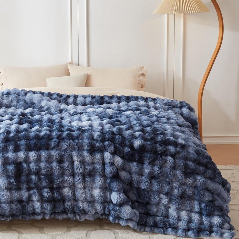 COOVA Faux Fur Throw Blanket for Couch, Cozy Soft and Fuzzy Plush Rabbit Fur Bubble Blanket for Sofa Bedroom Living Room, 60x80 Inches Tie Dye Light Blue - Image 2