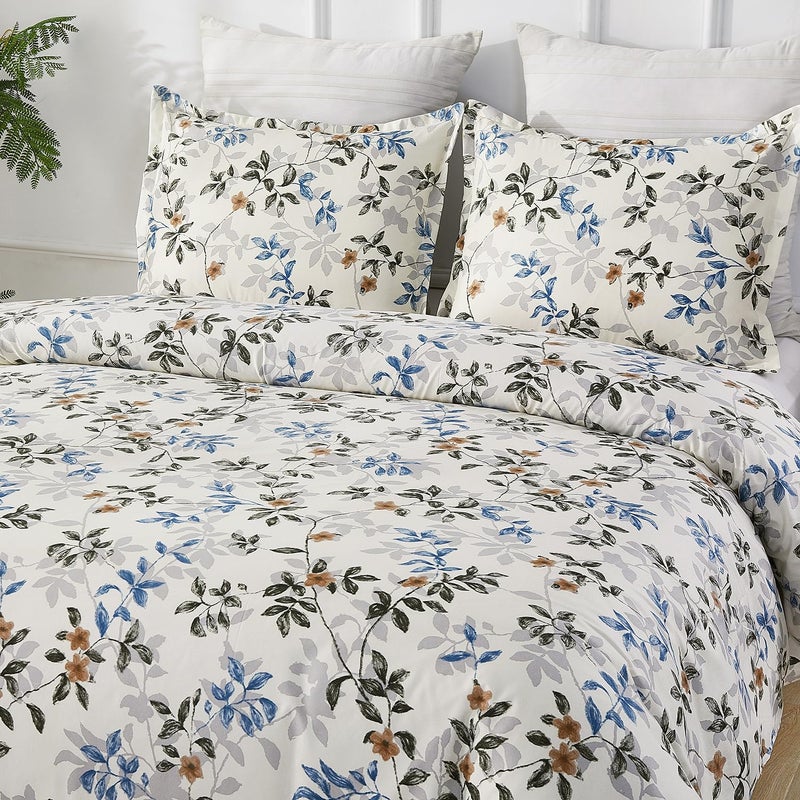 Vaulia Soft Microfiber Floral Duvet Cover Queen Size, Blue Leaves Botanical Print Pattern, Lightweight and Breathable Reversible Design, 3-Piece Set (1 Duvet Cover 2 Pillow Shams) - Image 2