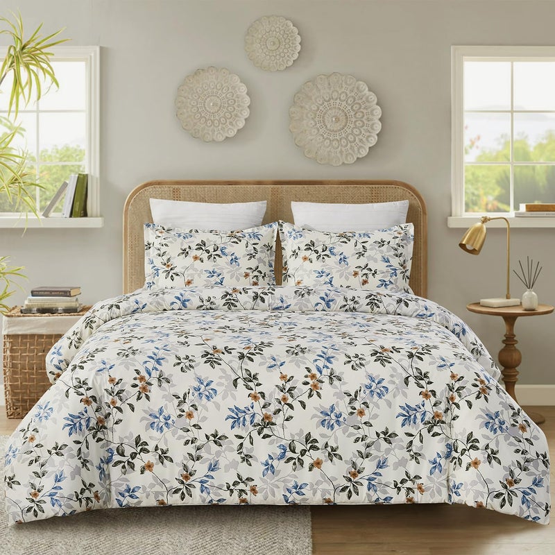 Vaulia Soft Microfiber Floral Duvet Cover Queen Size, Blue Leaves Botanical Print Pattern, Lightweight and Breathable Reversible Design, 3-Piece Set (1 Duvet Cover 2 Pillow Shams) - Image 1