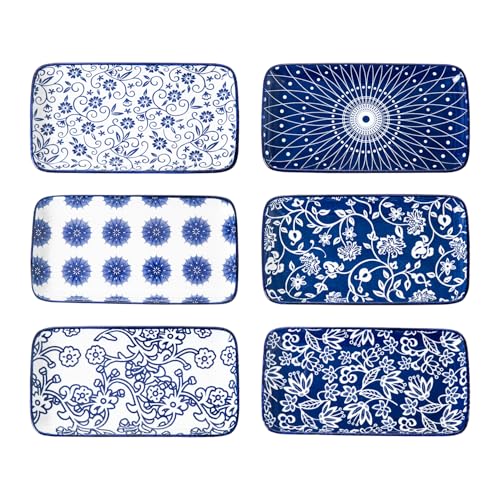 Cerkik Rectangle Serving Platter Set - 8 Inch Ceramic Dinner Plates Rectangular Serving Trays for Sushi Salad Dessert Pasta Appetizer - Oven Microwave Dishwasher Safe - Set of 6 - Vintage Blue - Image 1