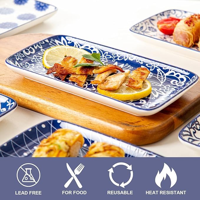 Cerkik Rectangle Serving Platter Set - 8 Inch Ceramic Dinner Plates Rectangular Serving Trays for Sushi Salad Dessert Pasta Appetizer - Oven Microwave Dishwasher Safe - Set of 6 - Vintage Blue - Image 3