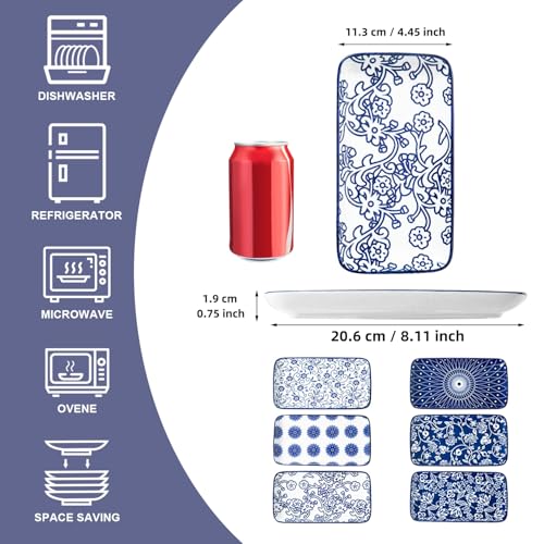 Cerkik Rectangle Serving Platter Set - 8 Inch Ceramic Dinner Plates Rectangular Serving Trays for Sushi Salad Dessert Pasta Appetizer - Oven Microwave Dishwasher Safe - Set of 6 - Vintage Blue - Image 4