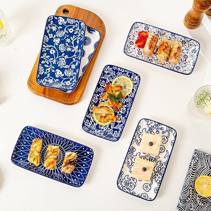 Cerkik Rectangle Serving Platter Set - 8 Inch Ceramic Dinner Plates Rectangular Serving Trays for Sushi Salad Dessert Pasta Appetizer - Oven Microwave Dishwasher Safe - Set of 6 - Vintage Blue - Image 5