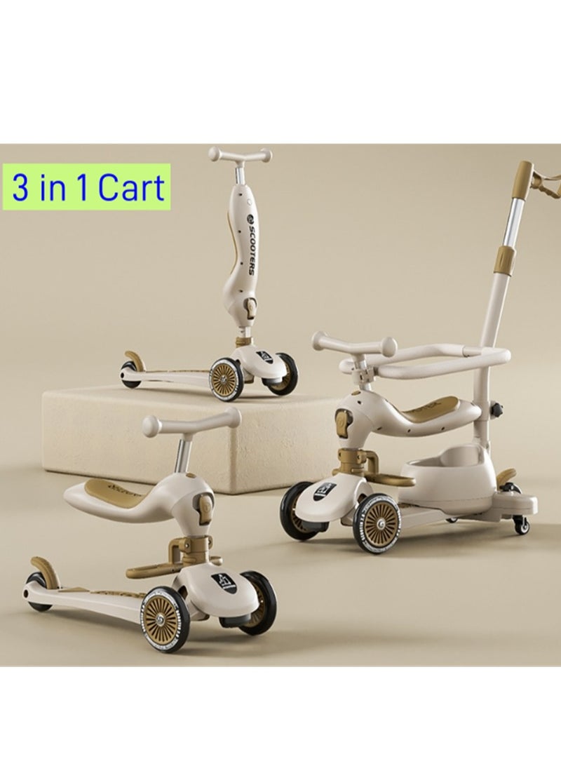 3 In 1 Kids Kick Scooter, 3 Wheel Children Scooter with Height Adjustable Handle, Flashing Wheels and Music Pedal Light for Boys and Girls, Flash Ride On Scooter for Kids Outdoor Activities, (Modern Brown)  - Image 1