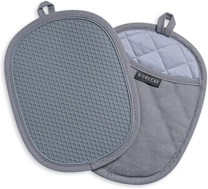 rorecay 2-Pack Silicone Pot Holders for Kitchen Heat Resistant up to 500°F, Non-Slip Large Hot Pads with Pocket, Quilted Liner Trivets for Countertops Hot Pots and Pans (Gray) - Image 1