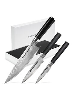 Samura Samura Damascus  Knife Set of 3 Gift Box | Paring Knife, Utility Knife, Chef's Knife | Ergonomic G-10 handle with  Steel Bolster | Damascus Steel Blade | Durable | Better Control | Precision Cutting  - Image 1