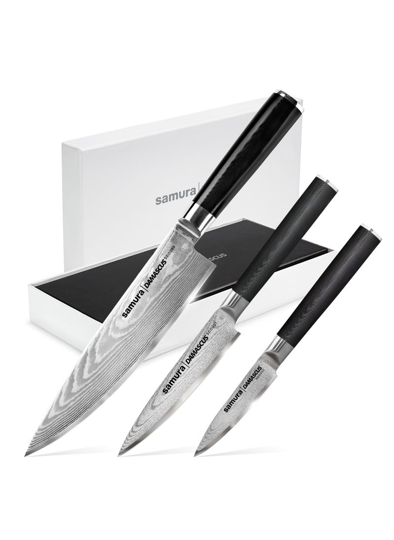Samura Samura Damascus  Knife Set of 3 Gift Box | Paring Knife, Utility Knife, Chef's Knife | Ergonomic G-10 handle with  Steel Bolster | Damascus Steel Blade | Durable | Better Control | Precision Cutting  - Image 1
