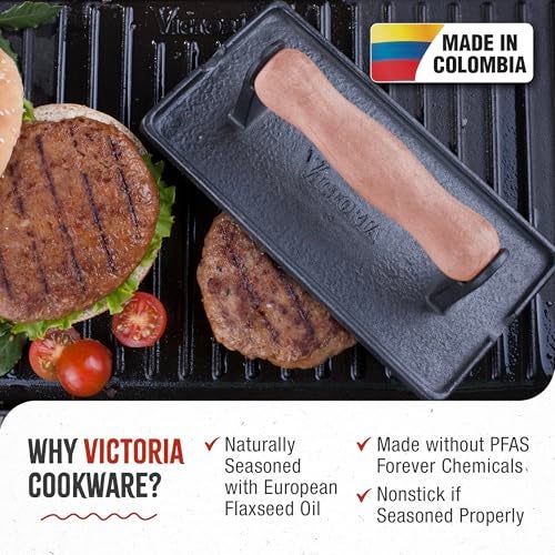 Victoria Cast Iron Panini Press, Burger Press, Bacon Press, Grill Press, Seasoned with 100% Kosher Certified Non-GMO Flaxseed Oil, Model Number: GAD-025 - Image 2