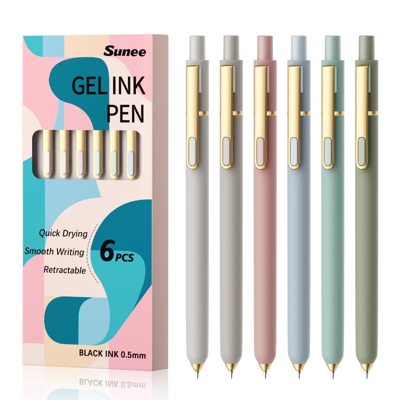 SUNEE Gel Pens 6 Pack 0.5mm Fine Point Smooth Black Ink Silicone Grip Metal Clip Retractable Writing Pens Morandi - Image 1