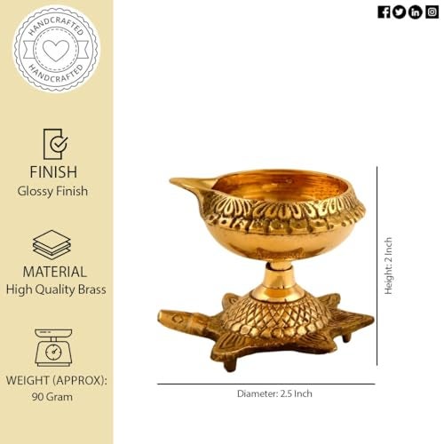 Hashcart Brass Kuber Diya for Puja - Turtle Diya Diwali Diyas [ Pack of 2 Pc ] - Indian Brass Oil Lamp - Kutthu Vilakku Deepam for Diwali Decorations - Indian Housewarming Return Gift Hashcart® - Image 3