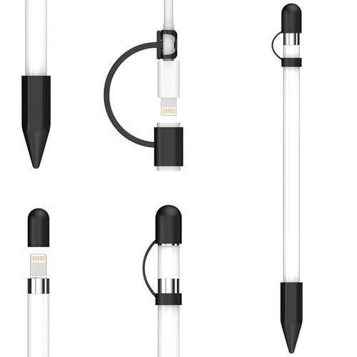 siduater [4-Pack] Silicone Protective Accessories for Apple Pencil 1st Generation, Includes 1 Apple Pencil Cap Replacements, Cap Holder, Tip Cover, Adapter Tether - Black - Image 3