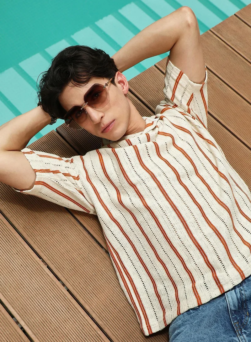 Campus Sutra Men's Striped Cuban Collar Cotton T-Shirt - Cream & Orange