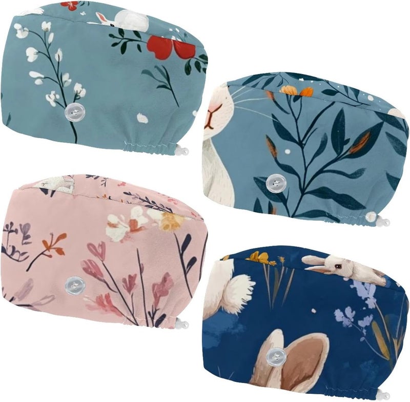 Women and Men's Surgical Cap 4 Packs Rabbit and Flowers Working Hat One Size - Image 1