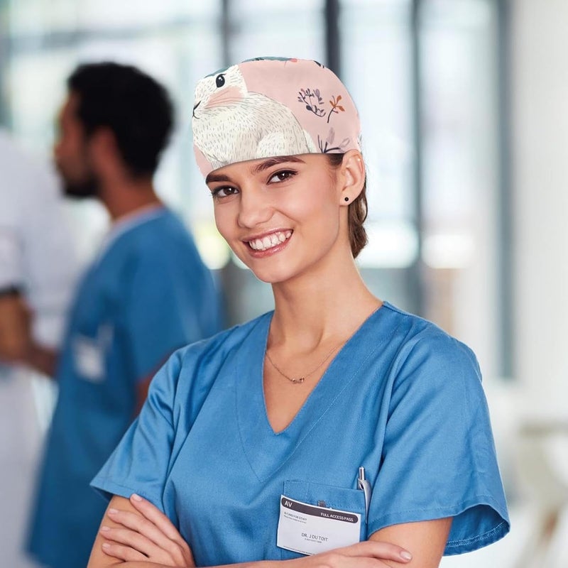 Women and Men's Surgical Cap 4 Packs Rabbit and Flowers Working Hat One Size - Image 5