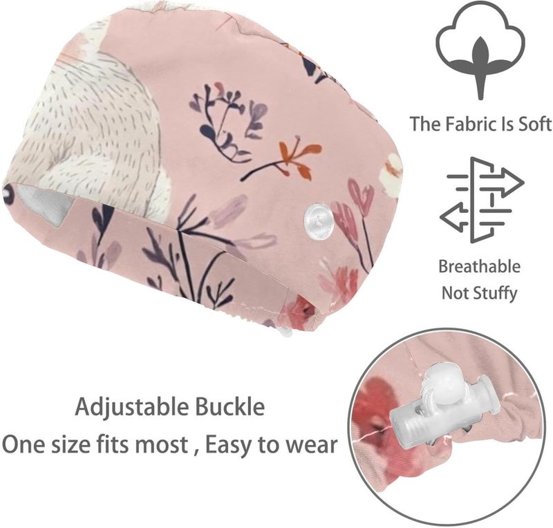 Women and Men's Surgical Cap 4 Packs Rabbit and Flowers Working Hat One Size - Image 3