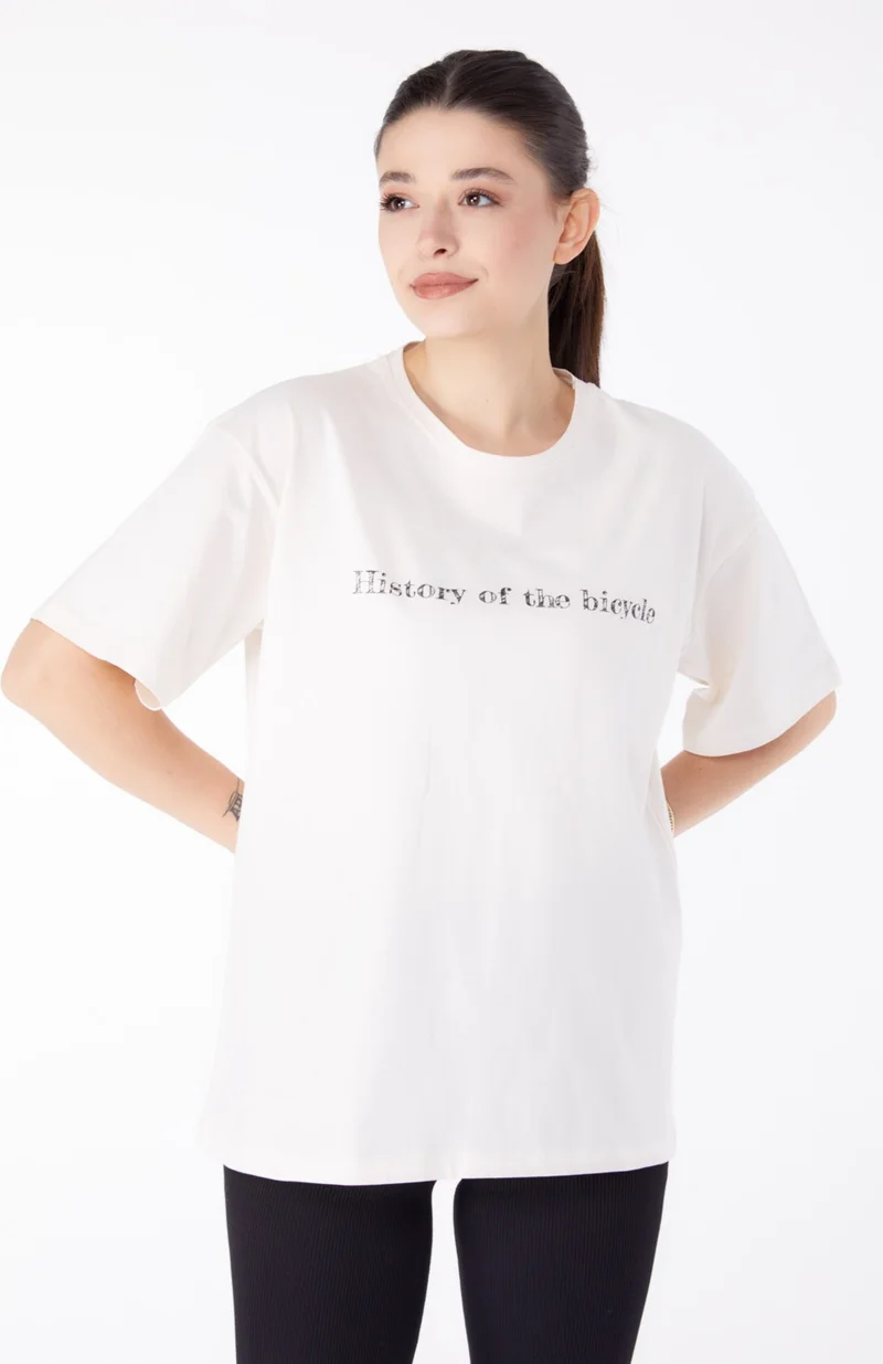Tofisa Plain Crew Neck Women's Ecru Printed Short Sleeve T-Shirt - 25394