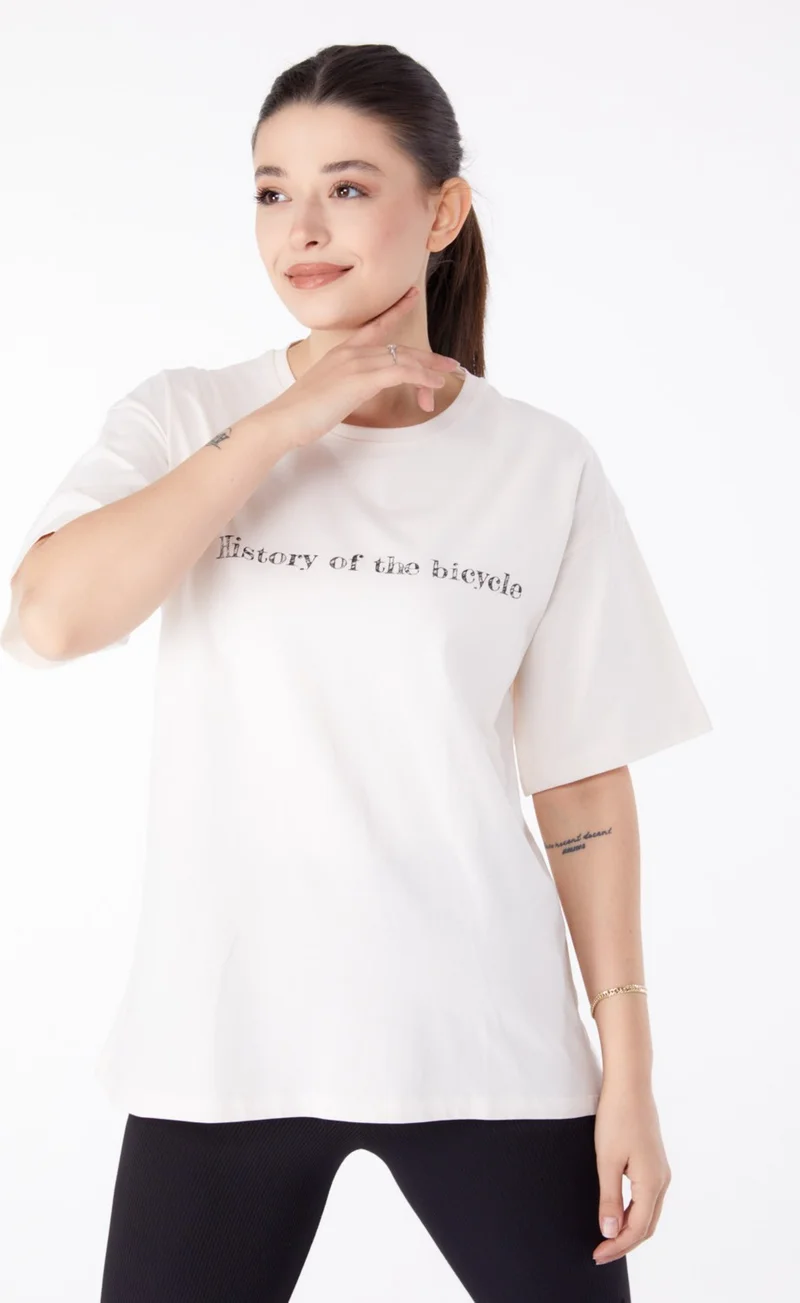 Tofisa Plain Crew Neck Women's Ecru Printed Short Sleeve T-Shirt - 25394