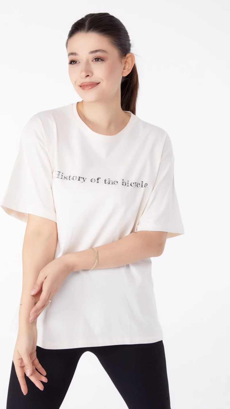 Tofisa Plain Crew Neck Women's Ecru Printed Short Sleeve T-Shirt - 25394