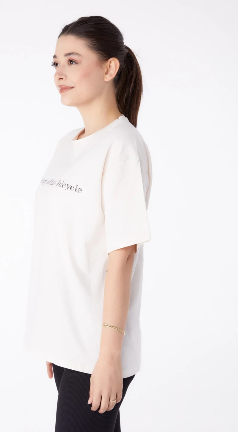 Tofisa Plain Crew Neck Women's Ecru Printed Short Sleeve T-Shirt - 25394