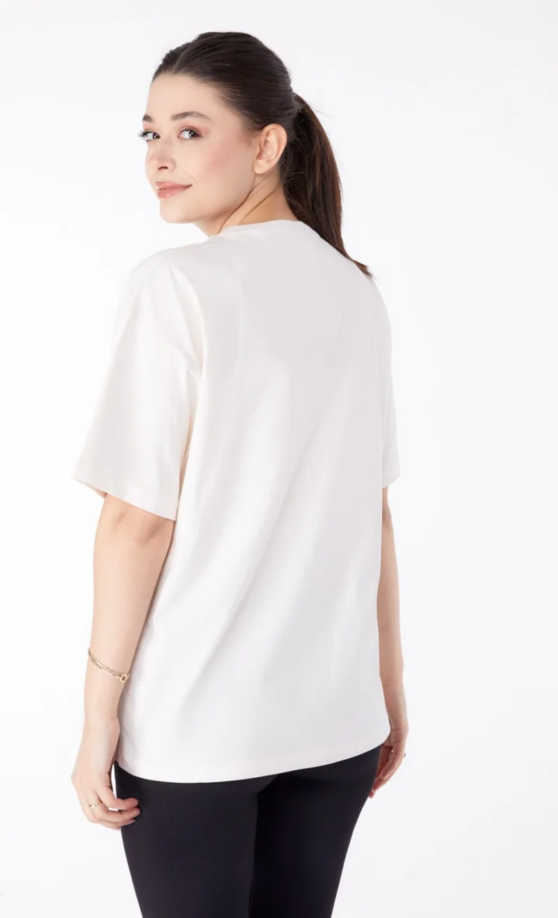 Tofisa Plain Crew Neck Women's Ecru Printed Short Sleeve T-Shirt - 25394