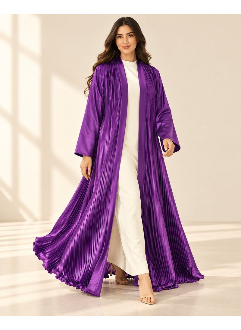 KAVALEE Women's Purple Pleated Satin Open Abaya with Front Band - Image 2