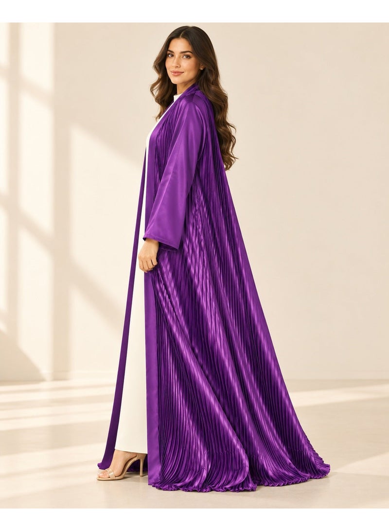 KAVALEE Women's Purple Pleated Satin Open Abaya with Front Band - Image 4