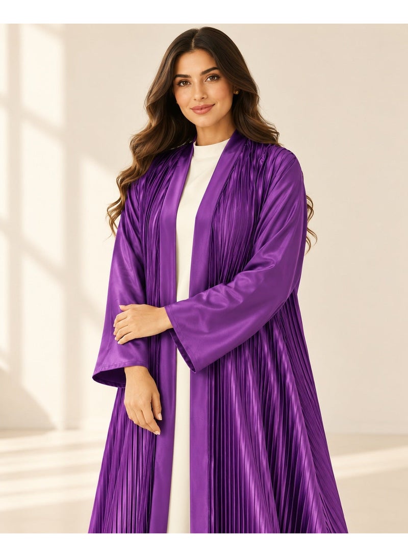 KAVALEE Women's Purple Pleated Satin Open Abaya with Front Band - Image 3