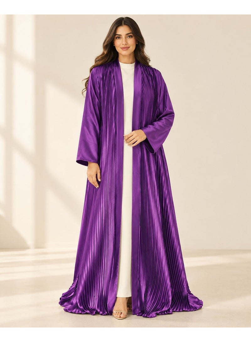 KAVALEE Women's Purple Pleated Satin Open Abaya with Front Band - Image 1