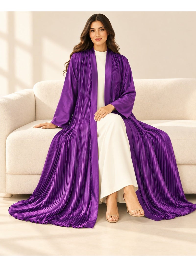KAVALEE Women's Purple Pleated Satin Open Abaya with Front Band - Image 5