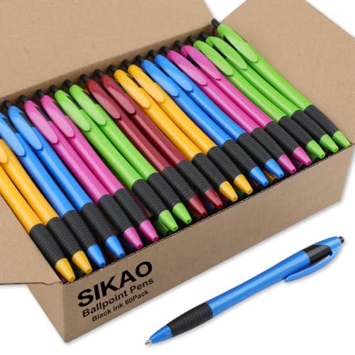 Sikao Pens Bulk, 60 Pack Gripped Slimster Ballpoint Pens, Black Ink 1.0mm Medium Point Smooth Writing, Retractable Click Pens with Comfort Grip for Teachers, Students, Office, School & Restaurant Use - Image 1