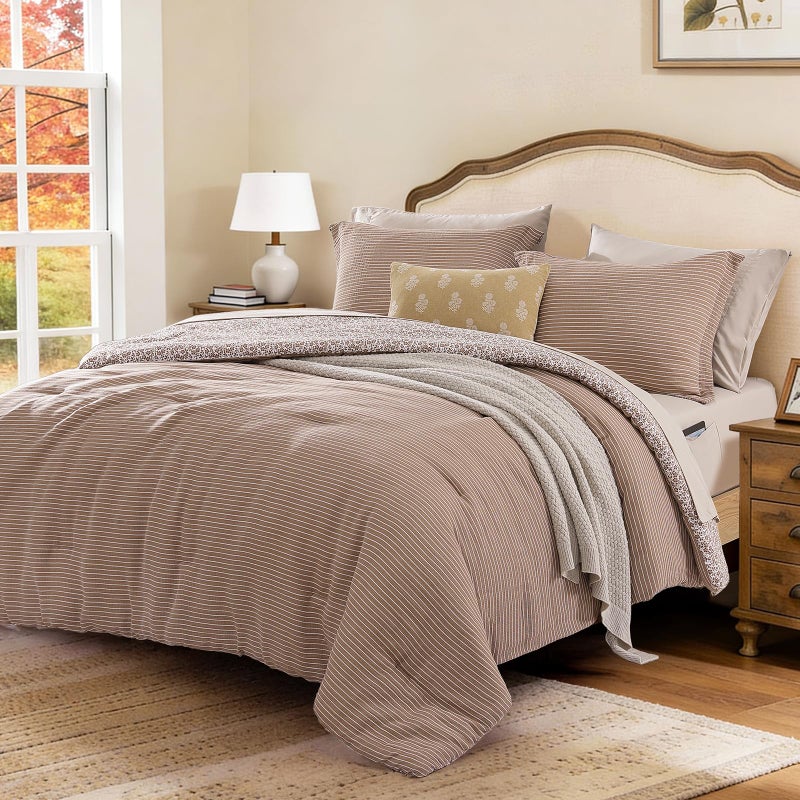 BLOOMHAVEN Queen Comforter Set - 7 Pieces Dark Brown Gauze Muslin Bedding Sets for All Seasons, Lightweight Breathable Bed in a Bag Queen with Revesible Farmhouse Comforter, Sheets, Pillowcases & Shams - Image 3
