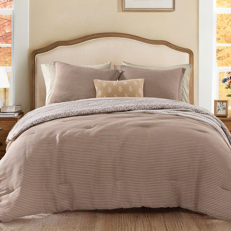 BLOOMHAVEN Queen Comforter Set - 7 Pieces Dark Brown Gauze Muslin Bedding Sets for All Seasons, Lightweight Breathable Bed in a Bag Queen with Revesible Farmhouse Comforter, Sheets, Pillowcases & Shams - Image 1