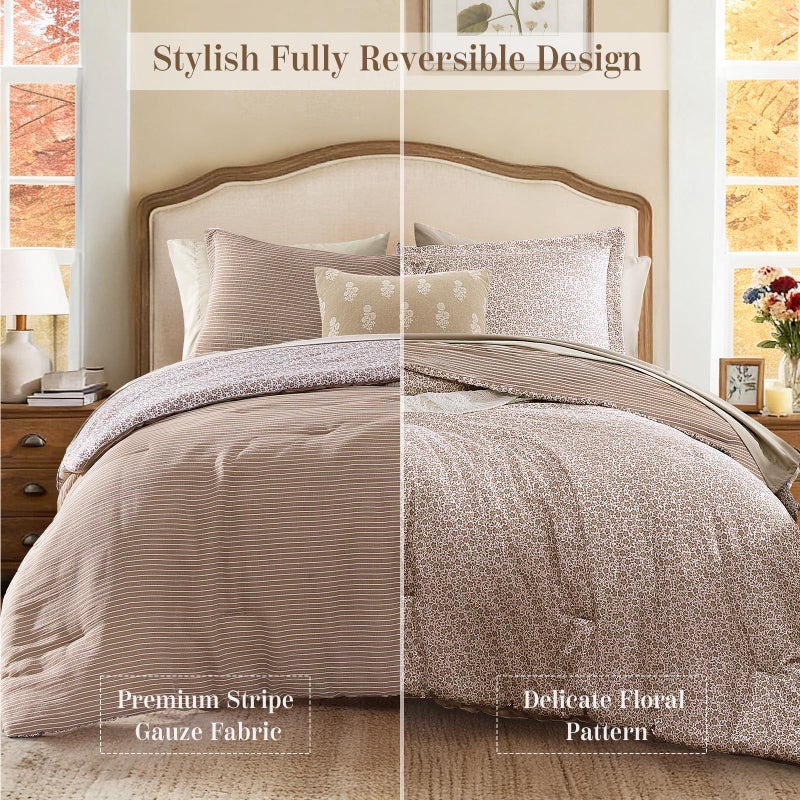 BLOOMHAVEN Queen Comforter Set - 7 Pieces Dark Brown Gauze Muslin Bedding Sets for All Seasons, Lightweight Breathable Bed in a Bag Queen with Revesible Farmhouse Comforter, Sheets, Pillowcases & Shams - Image 5