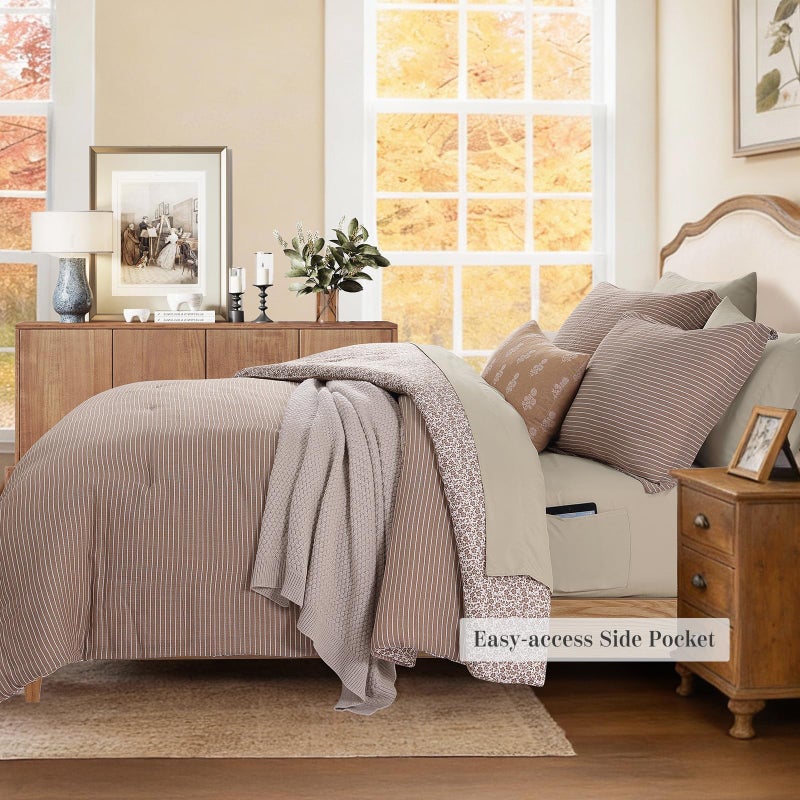 BLOOMHAVEN Queen Comforter Set - 7 Pieces Dark Brown Gauze Muslin Bedding Sets for All Seasons, Lightweight Breathable Bed in a Bag Queen with Revesible Farmhouse Comforter, Sheets, Pillowcases & Shams - Image 4