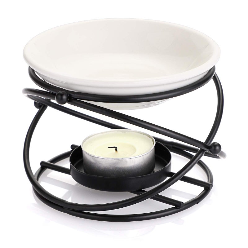 BSTKEY Metal Essential Oil Burner Wax Melt Burner with Ceramic Bowl Home Decorative Tea Light Candle Holder Aroma Diffuser Round Shape Black