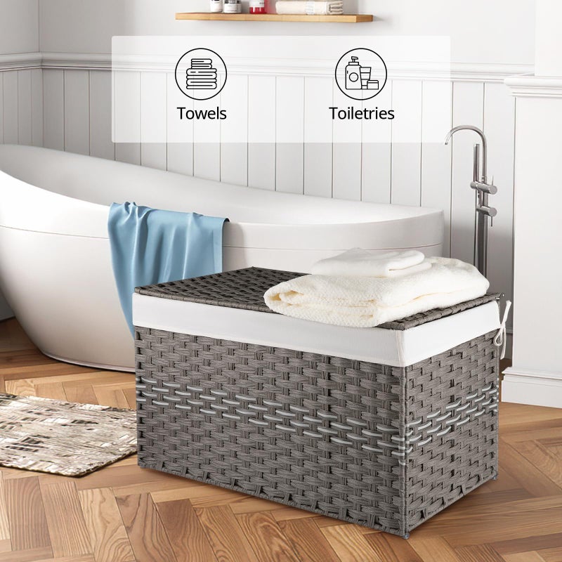 OIAHOMY Large Storage Basket with Lid, 42.3 Gallon (160L) Blanket Basket with Removable Liner Bag, Wicker Hamper with Handle, Foldable, Hamper for Bedroom, Grey - Image 5