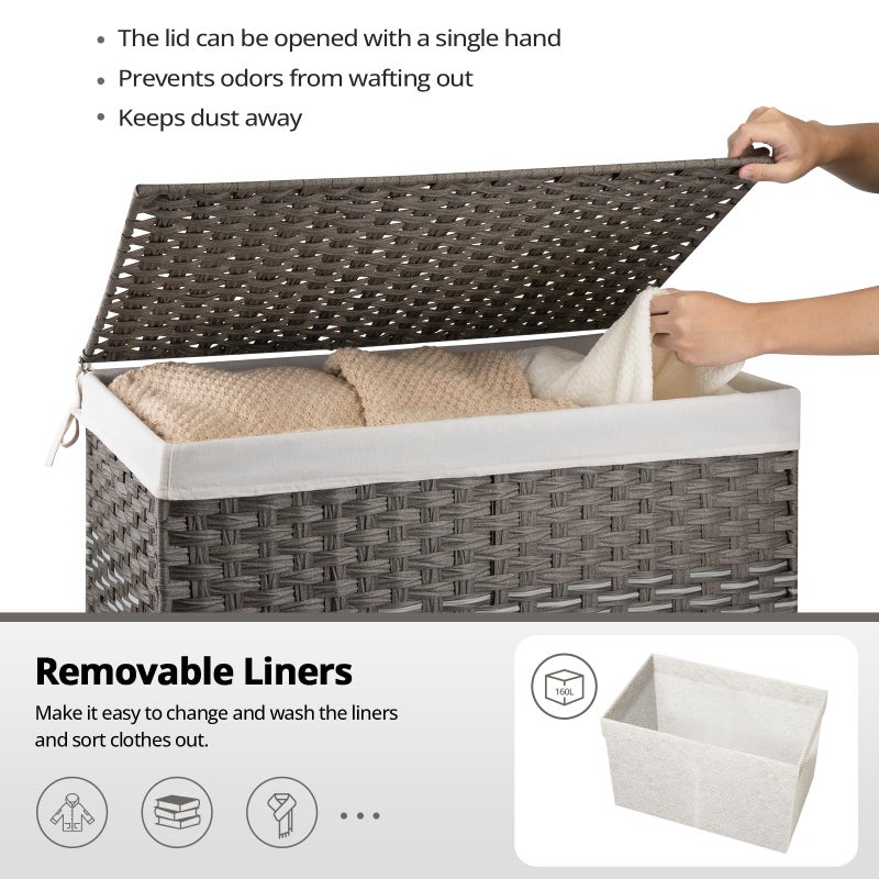 OIAHOMY Large Storage Basket with Lid, 42.3 Gallon (160L) Blanket Basket with Removable Liner Bag, Wicker Hamper with Handle, Foldable, Hamper for Bedroom, Grey - Image 3
