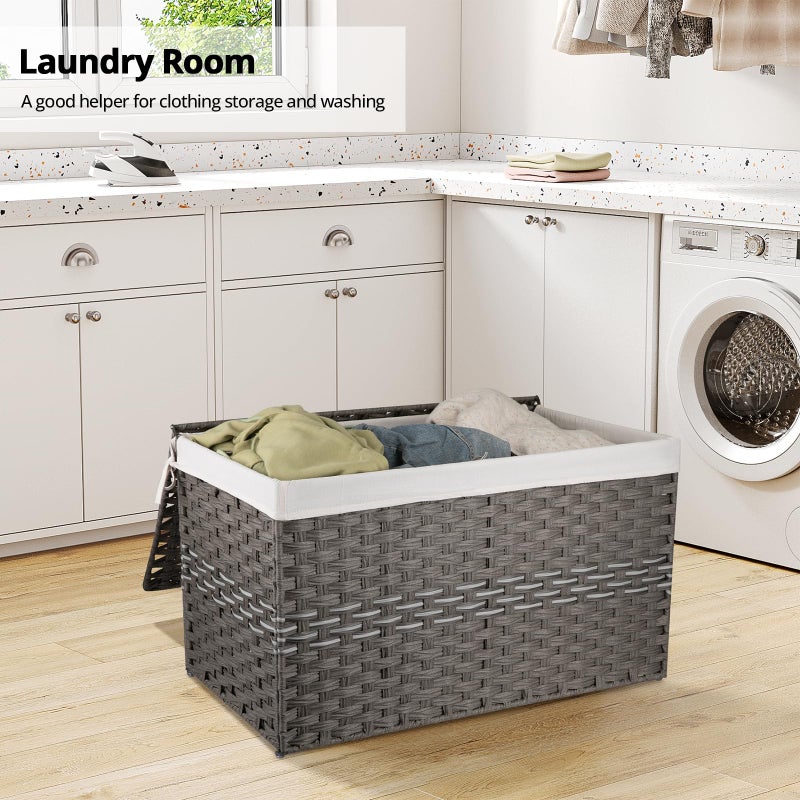 OIAHOMY Large Storage Basket with Lid, 42.3 Gallon (160L) Blanket Basket with Removable Liner Bag, Wicker Hamper with Handle, Foldable, Hamper for Bedroom, Grey - Image 4