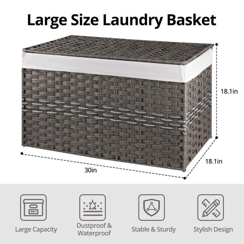 OIAHOMY Large Storage Basket with Lid, 42.3 Gallon (160L) Blanket Basket with Removable Liner Bag, Wicker Hamper with Handle, Foldable, Hamper for Bedroom, Grey - Image 2