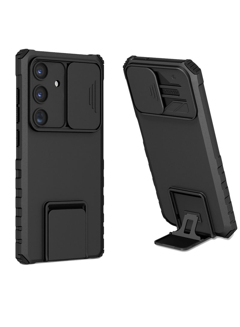 Shockproof Phone Case with Kickstand Built in Slide Camera Lens Cover, Black TPU Protective Phone Case for Sumsang S24 (6.2 in)